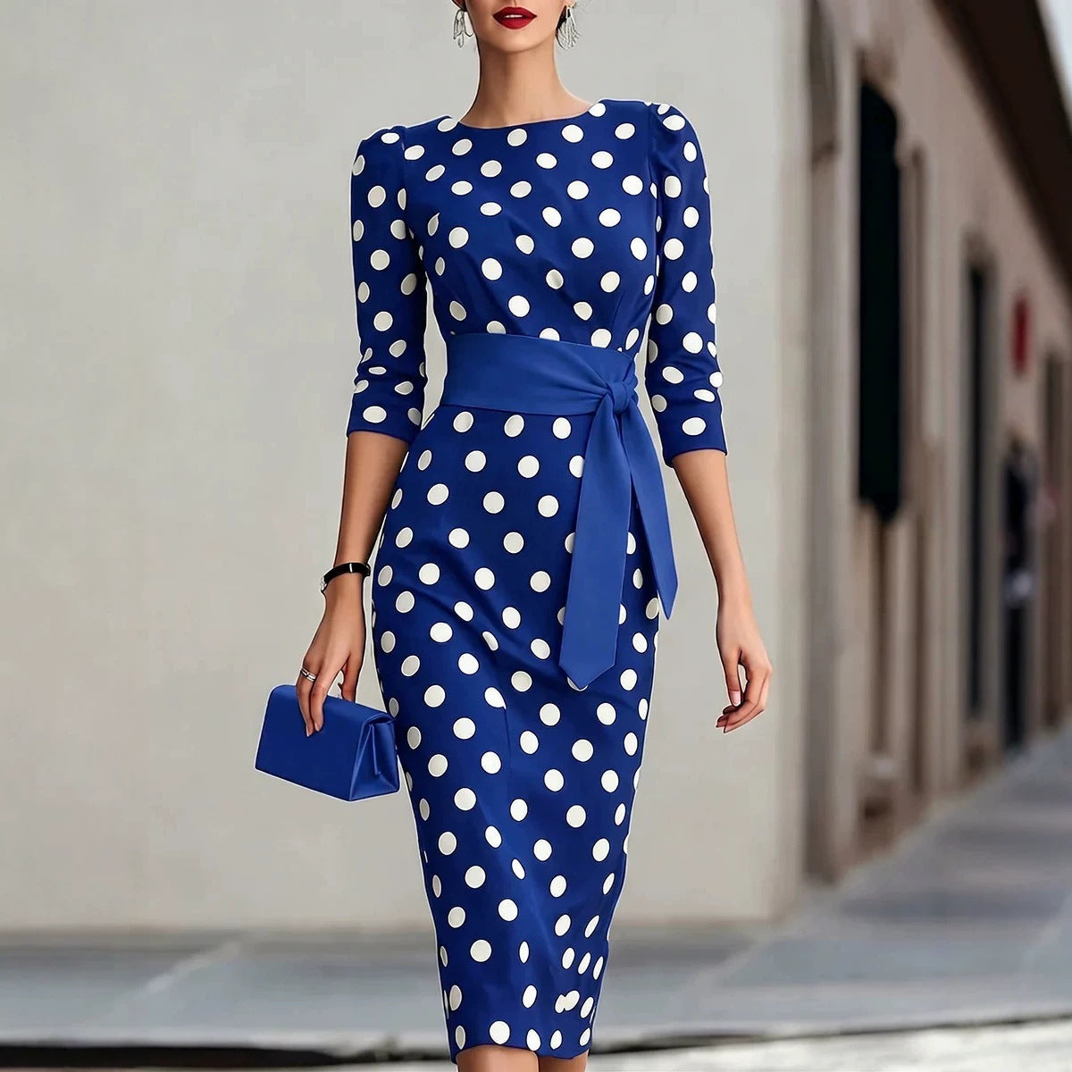 Women's Retro Polka Dot Belted Bodycon Midi Dress