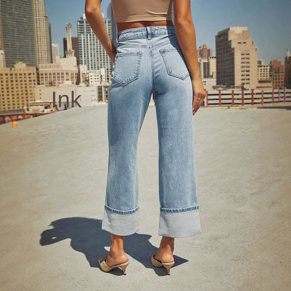 Women's Retro High-Waisted Straight Leg Rolled Hem Jeans