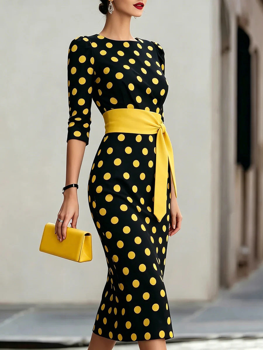 Women's Retro Polka Dot Belted Bodycon Midi Dress