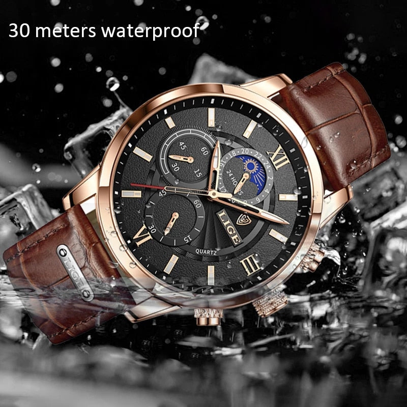 Men's Luxury Leather Quartz Waterproof Wrist Watch