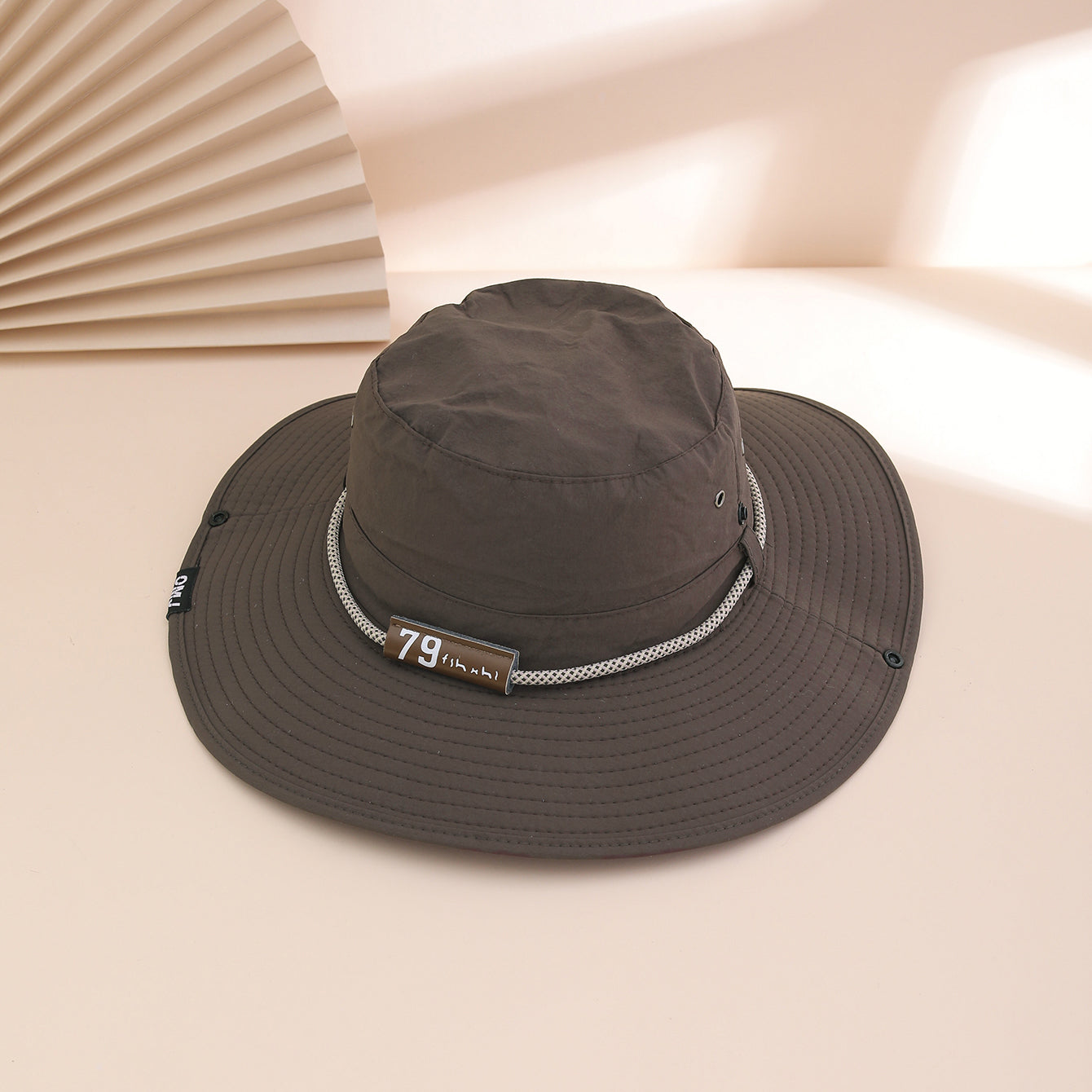 Wide-Brim Leather Patch Fisherman Hat UV Protection Outdoor