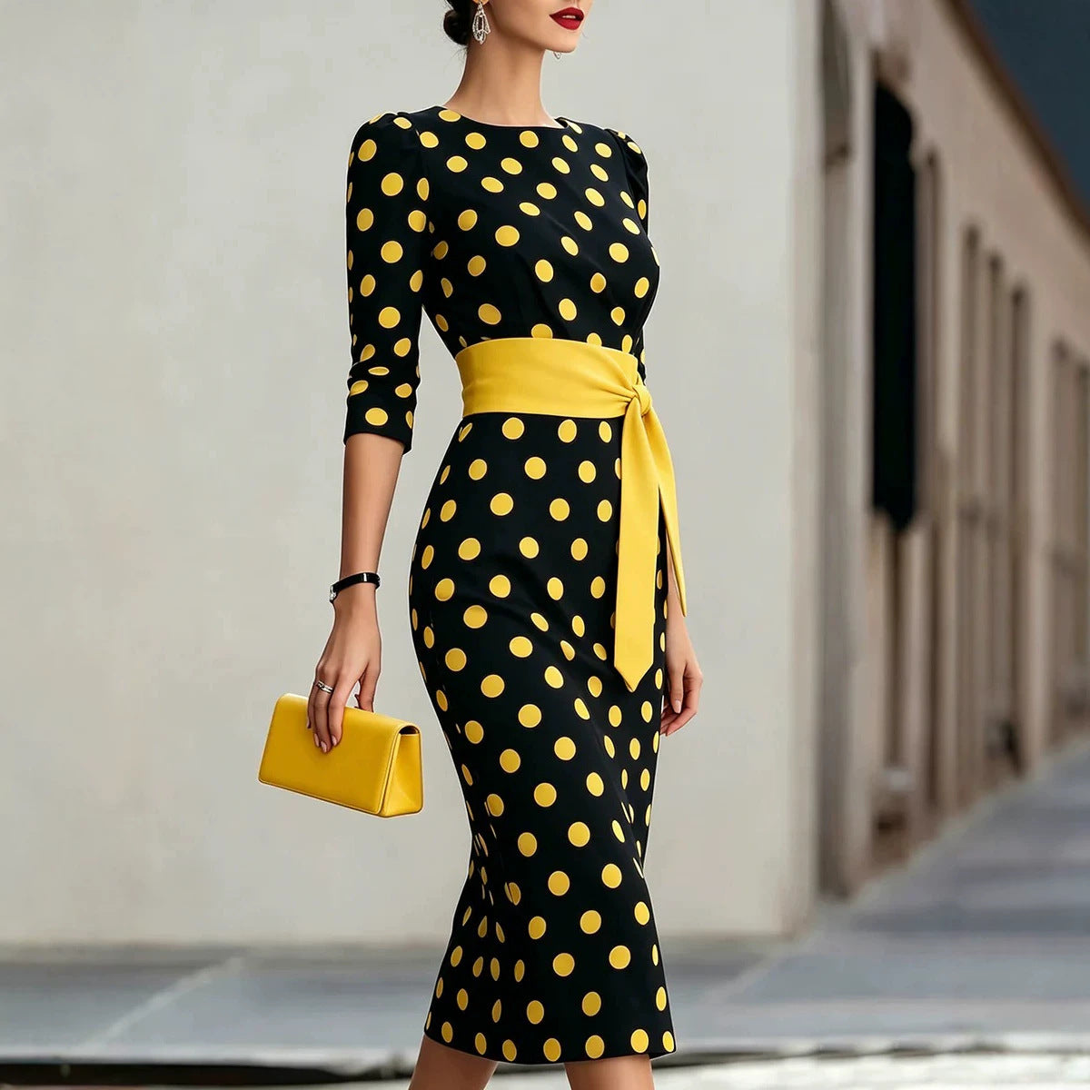 Women's Retro Polka Dot Belted Bodycon Midi Dress