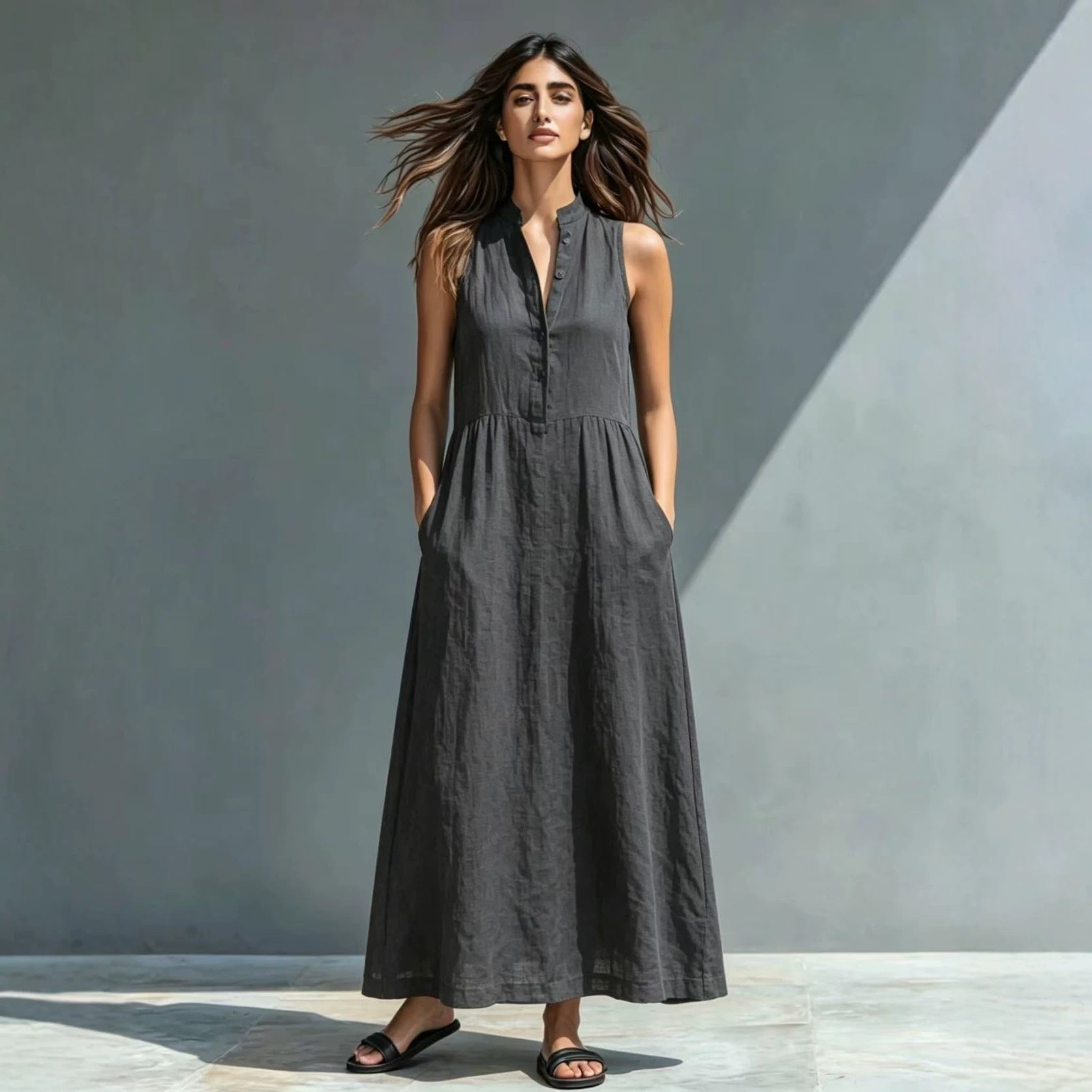 Women's Stand Collar A-Line Maxi Resort Vacation Dress