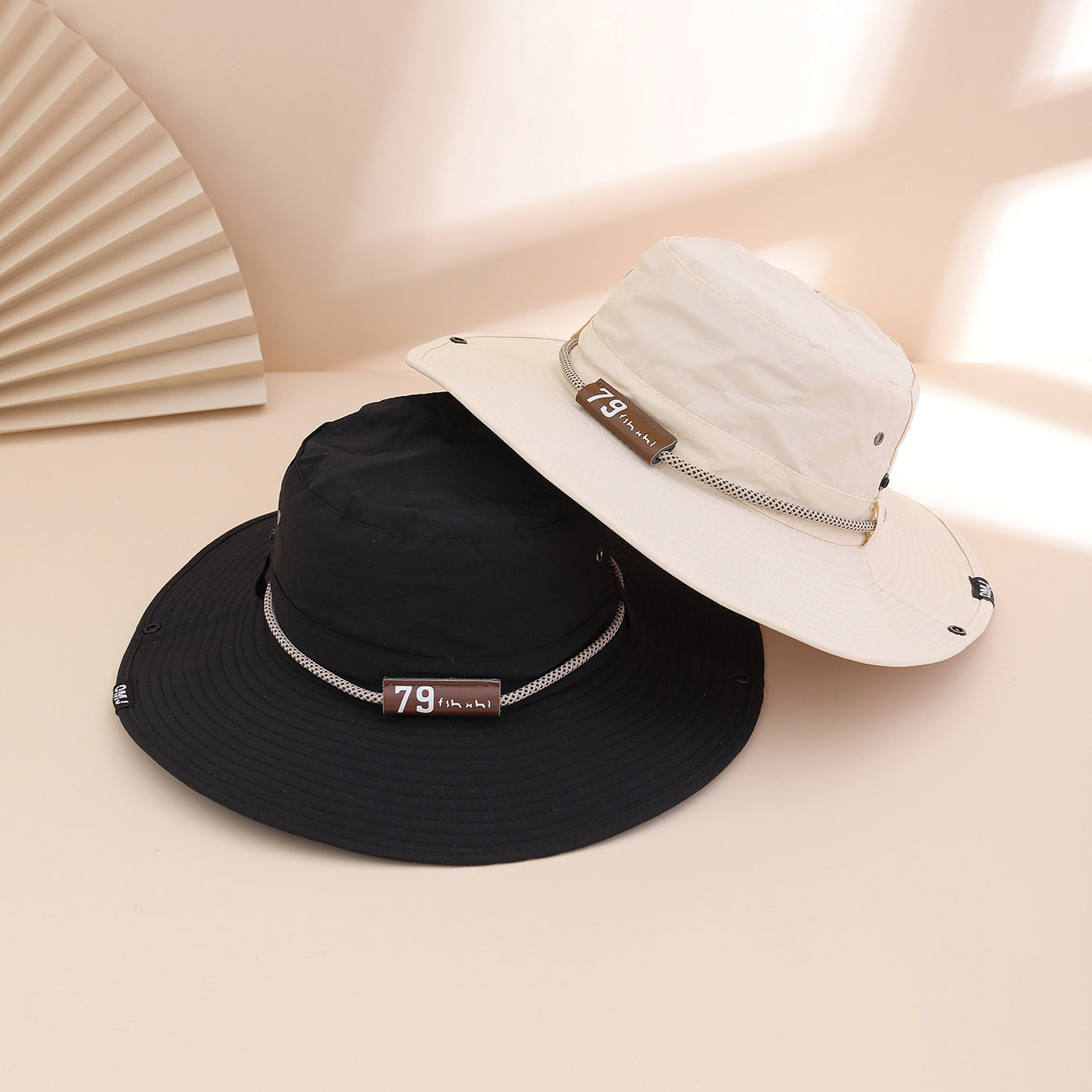 Wide-Brim Leather Patch Fisherman Hat UV Protection Outdoor