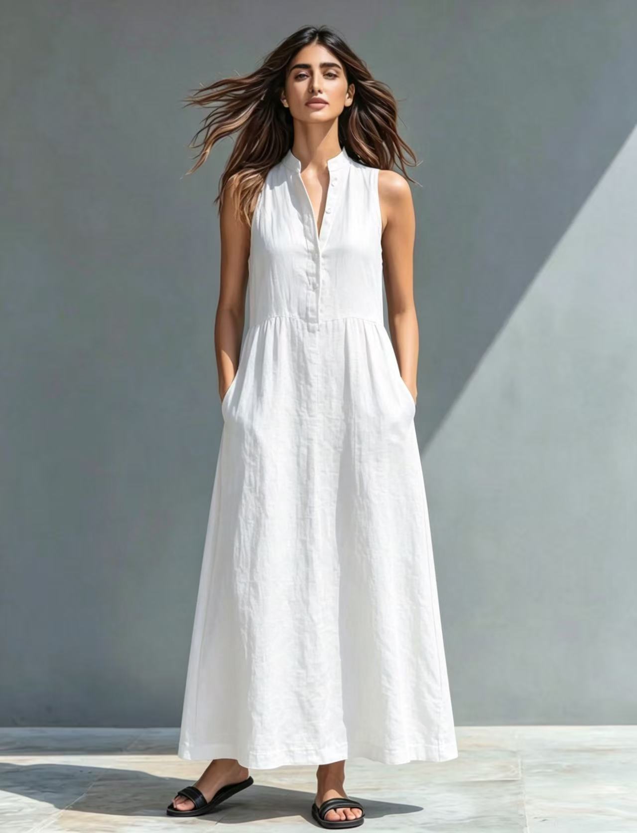 Women's Stand Collar A-Line Maxi Resort Vacation Dress