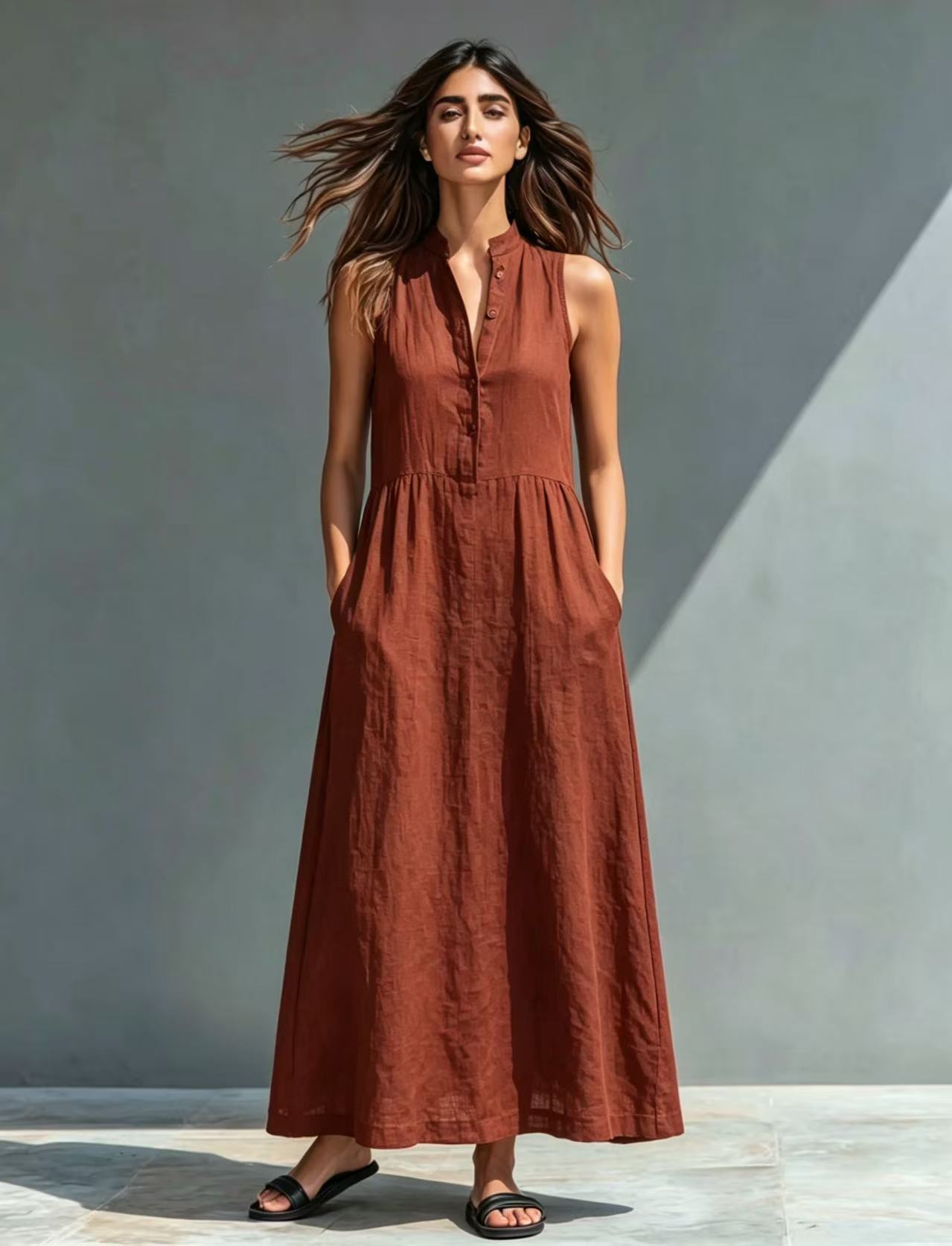 Women's Stand Collar A-Line Maxi Resort Vacation Dress