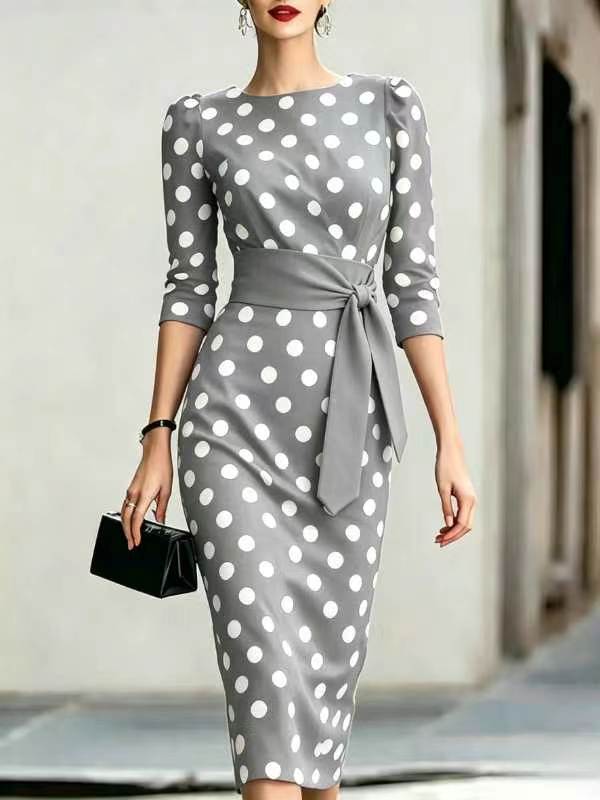 Women's Retro Polka Dot Belted Bodycon Midi Dress