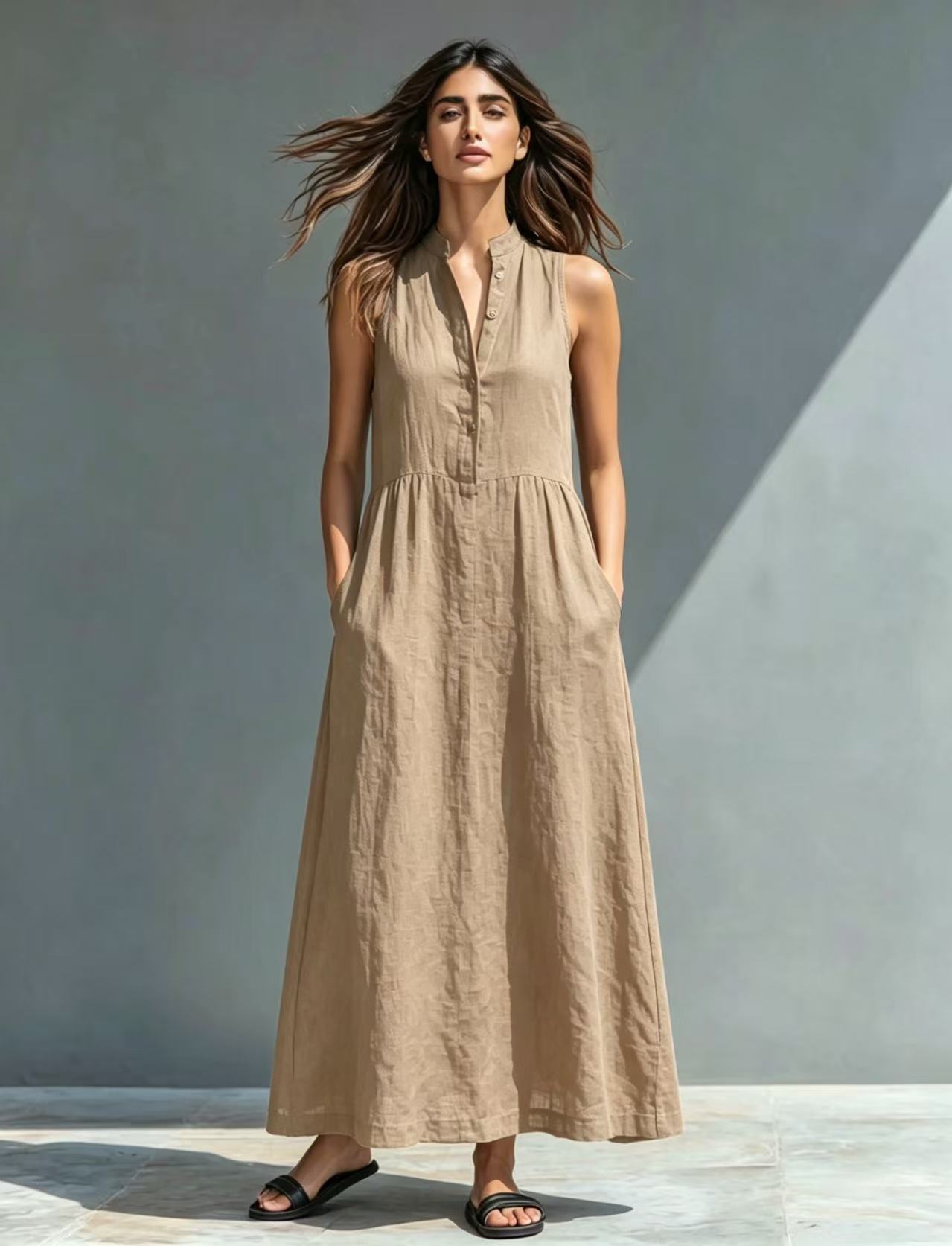 Women's Stand Collar A-Line Maxi Resort Vacation Dress