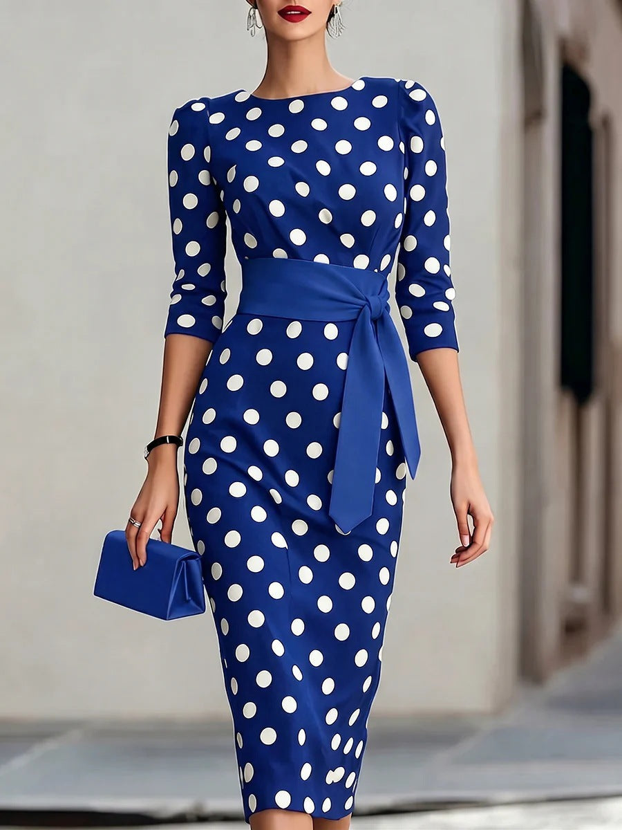 Women's Retro Polka Dot Belted Bodycon Midi Dress