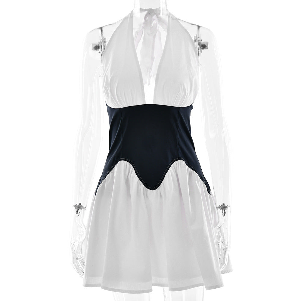 Women's Deep V-Neck Halter A-Line Waist-Cinching Fashion Dress