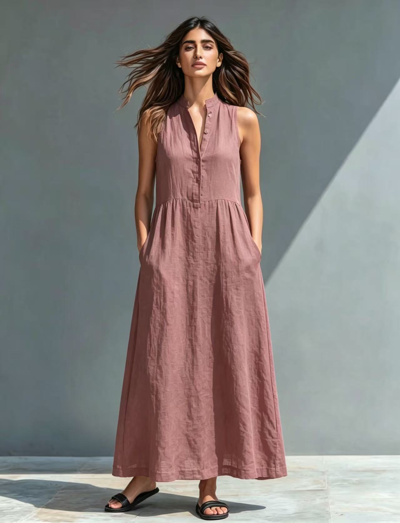 Women's Stand Collar A-Line Maxi Resort Vacation Dress