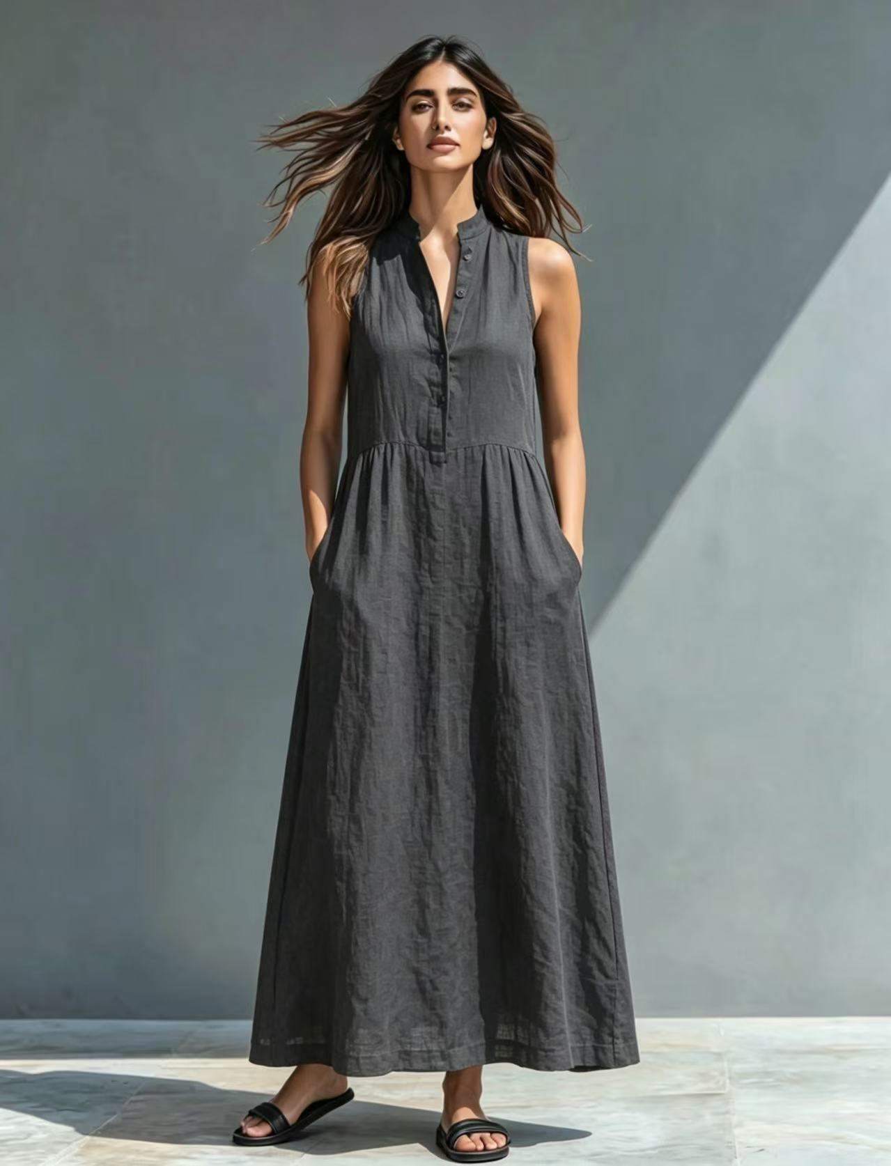 Women's Stand Collar A-Line Maxi Resort Vacation Dress