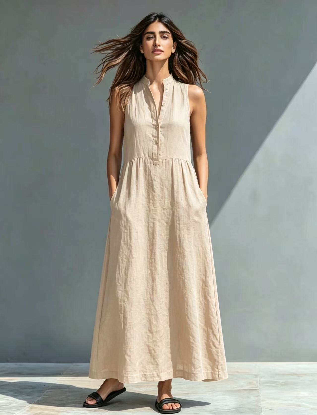 Women's Stand Collar A-Line Maxi Resort Vacation Dress