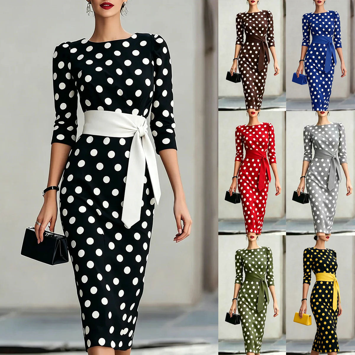 Women's Retro Polka Dot Belted Bodycon Midi Dress