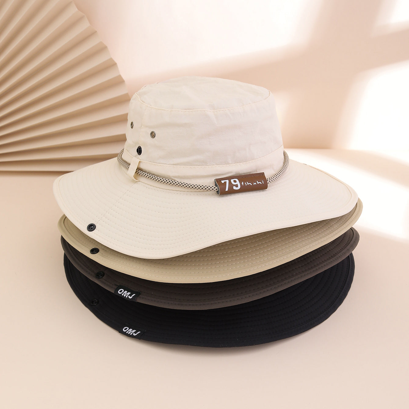 Wide-Brim Leather Patch Fisherman Hat UV Protection Outdoor