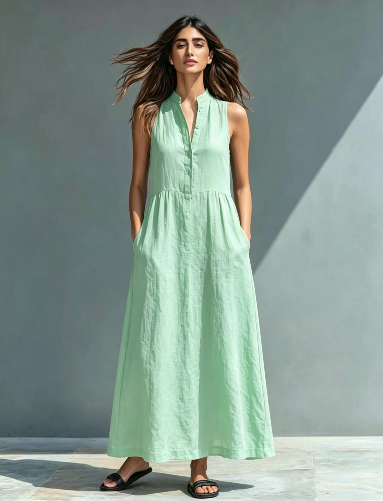 Women's Stand Collar A-Line Maxi Resort Vacation Dress