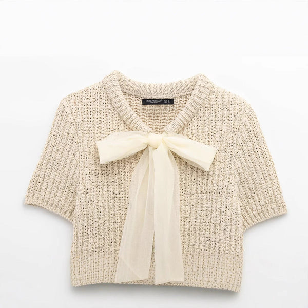 Fashionable Knitted Jacket with Sheer Bow Detail Decoration