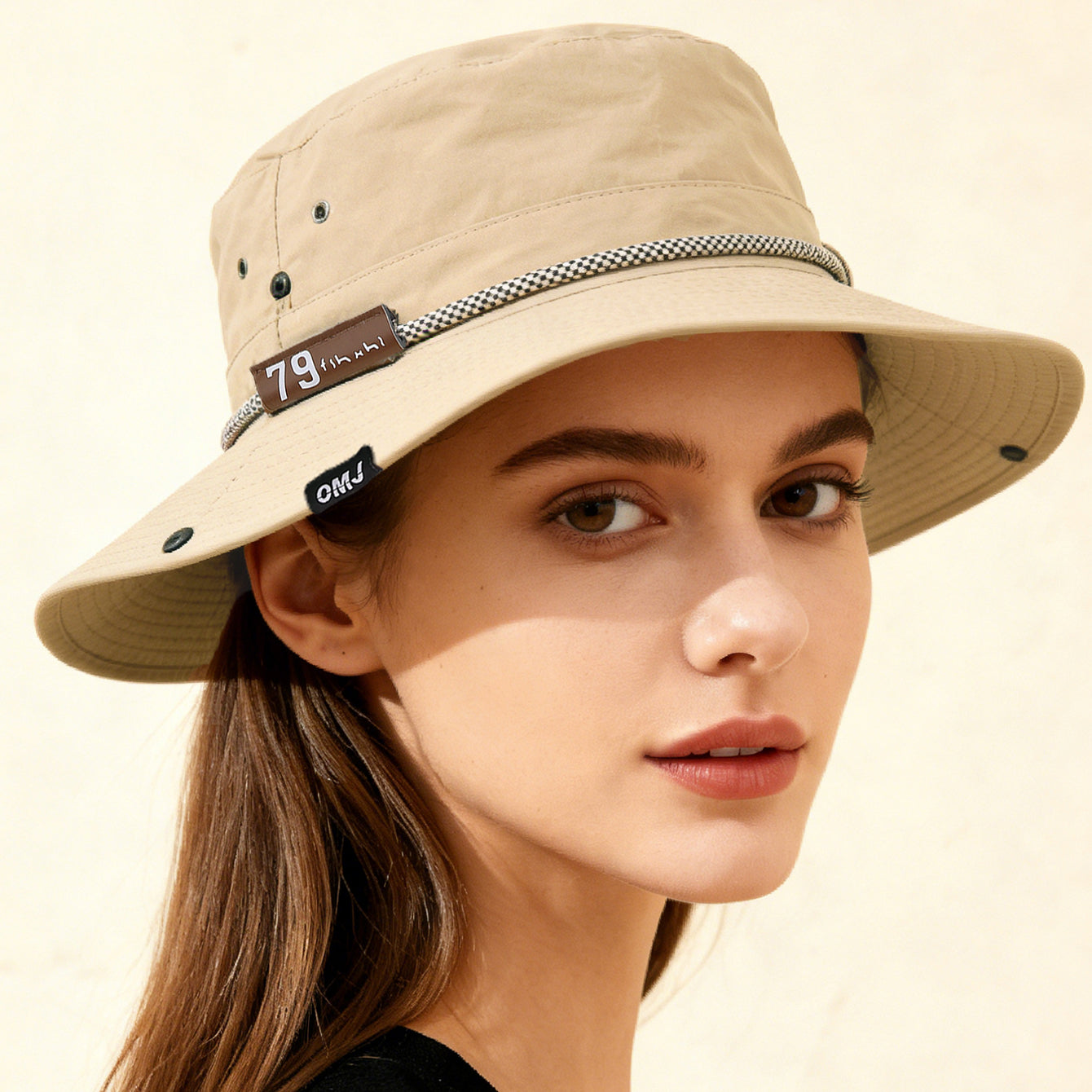 Wide-Brim Leather Patch Fisherman Hat UV Protection Outdoor