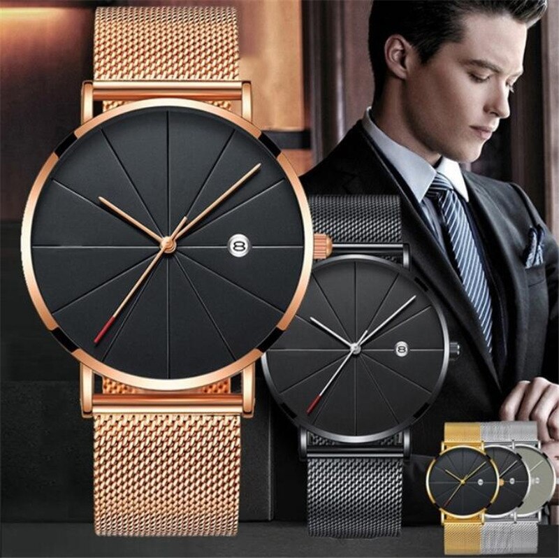 Men's Stainless Steel Mesh Quartz Date Wrist Watch Classic