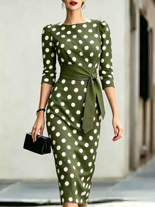Women's Retro Polka Dot Belted Bodycon Midi Dress