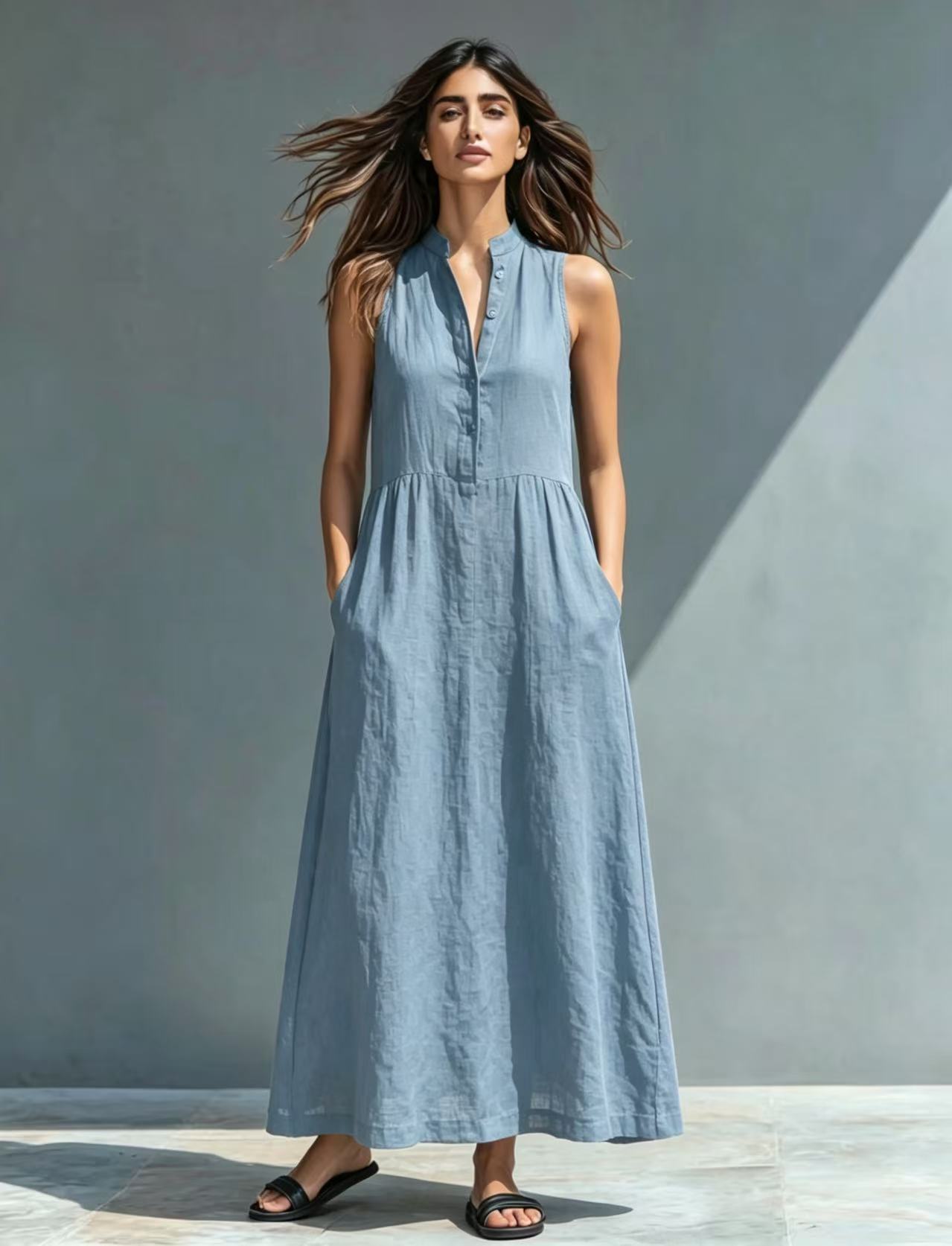Women's Stand Collar A-Line Maxi Resort Vacation Dress