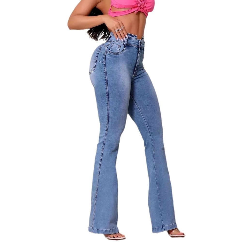Women's Washed High-Waisted Slim Fit Flared Denim Jeans
