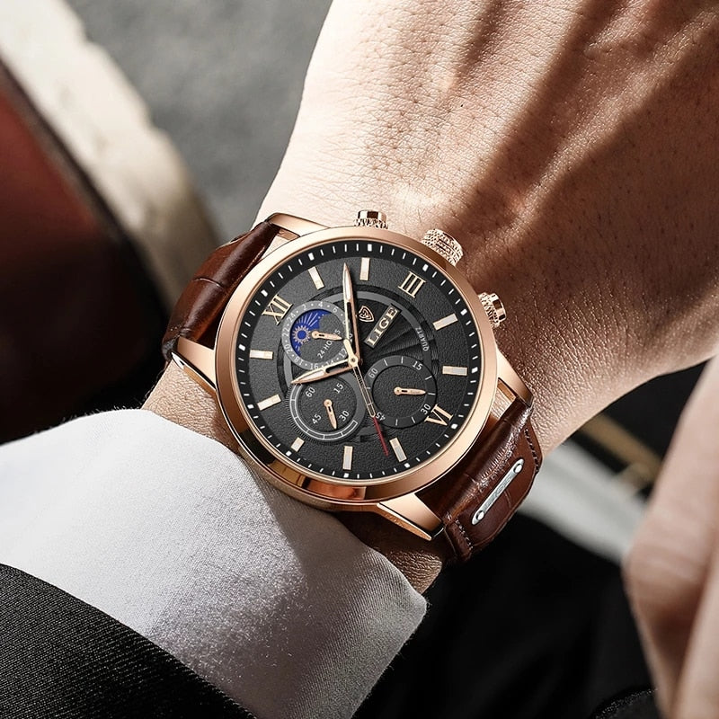 Men's Luxury Leather Quartz Waterproof Wrist Watch