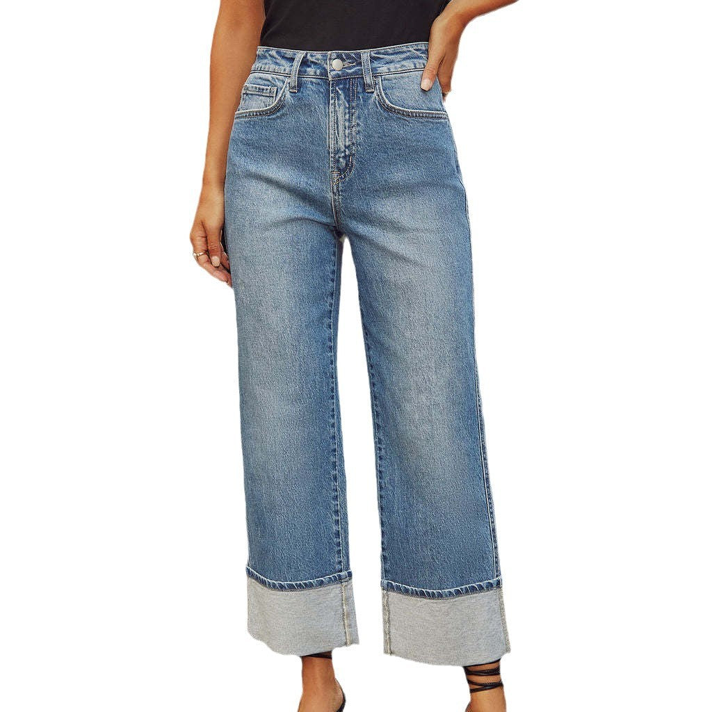 Women's Retro High-Waisted Straight Leg Rolled Hem Jeans