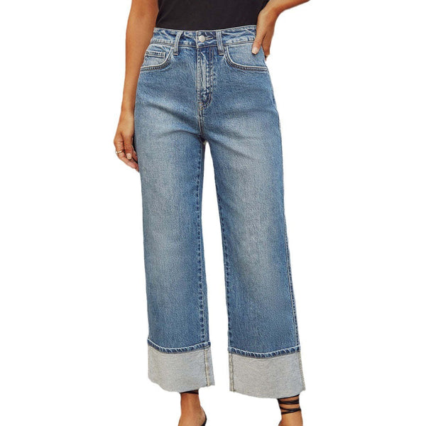 Women's Retro High-Waisted Straight Leg Rolled Hem Jeans