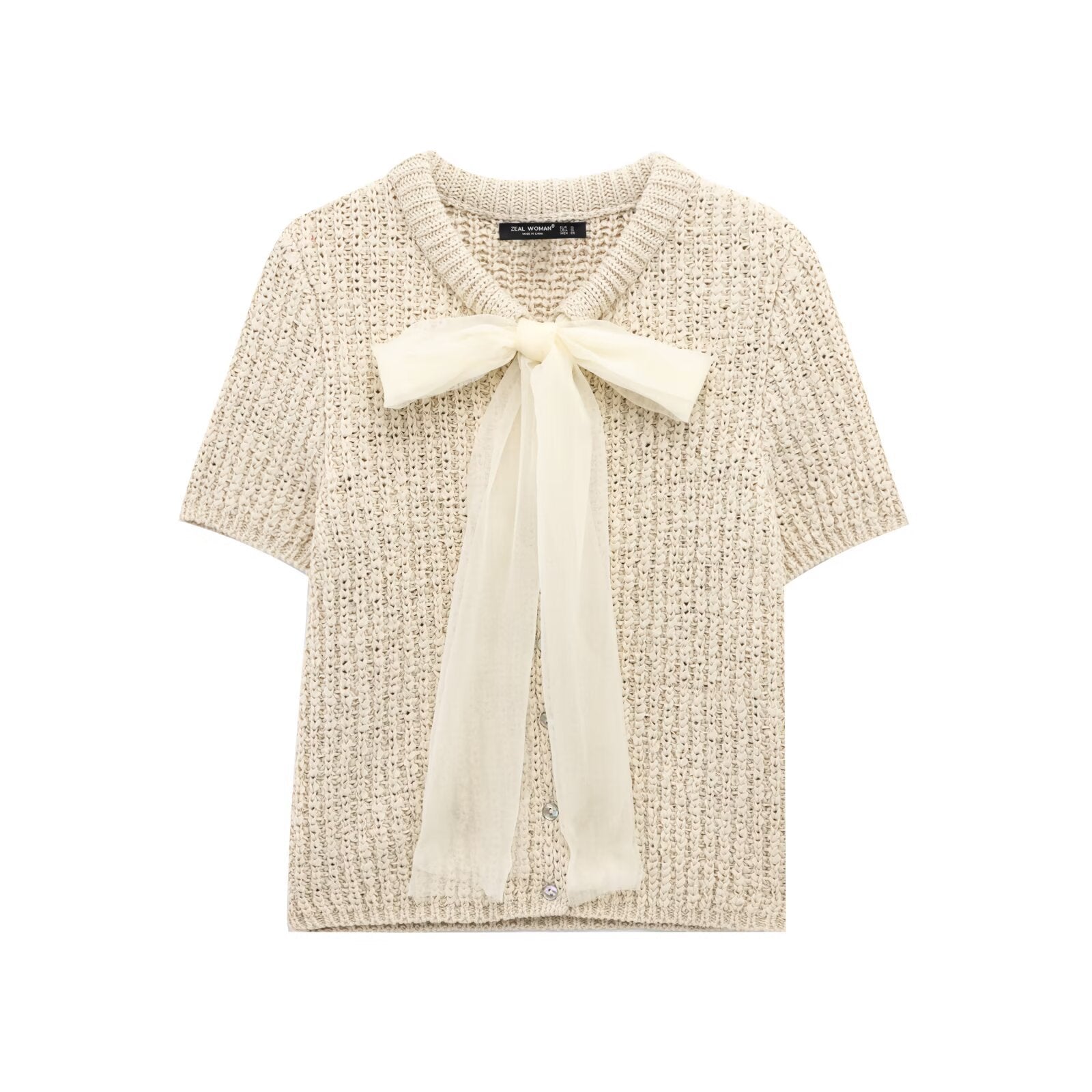 Fashionable Knitted Jacket with Sheer Bow Detail Decoration