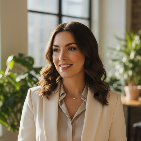 Professional portrait of Emily Brooks, an interior designer, smiling confidently in a modern, sunlit office space with green plants in the background