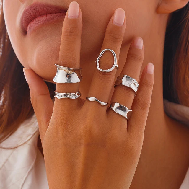 Ingemark Vintage Punk Adjustable Geometric Cuff Rings Six-Piece Set