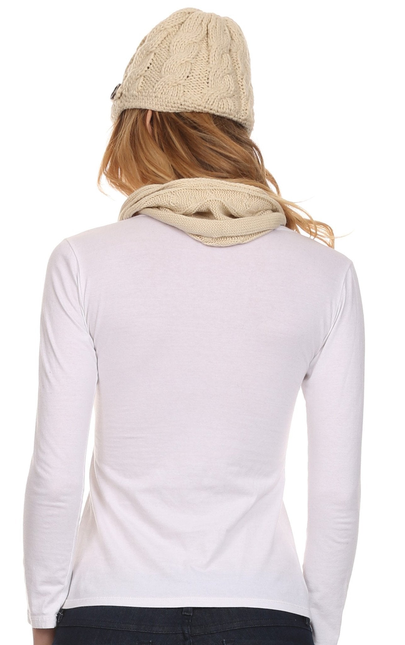 Women's Cable Knit Beanie Scarf Set Button