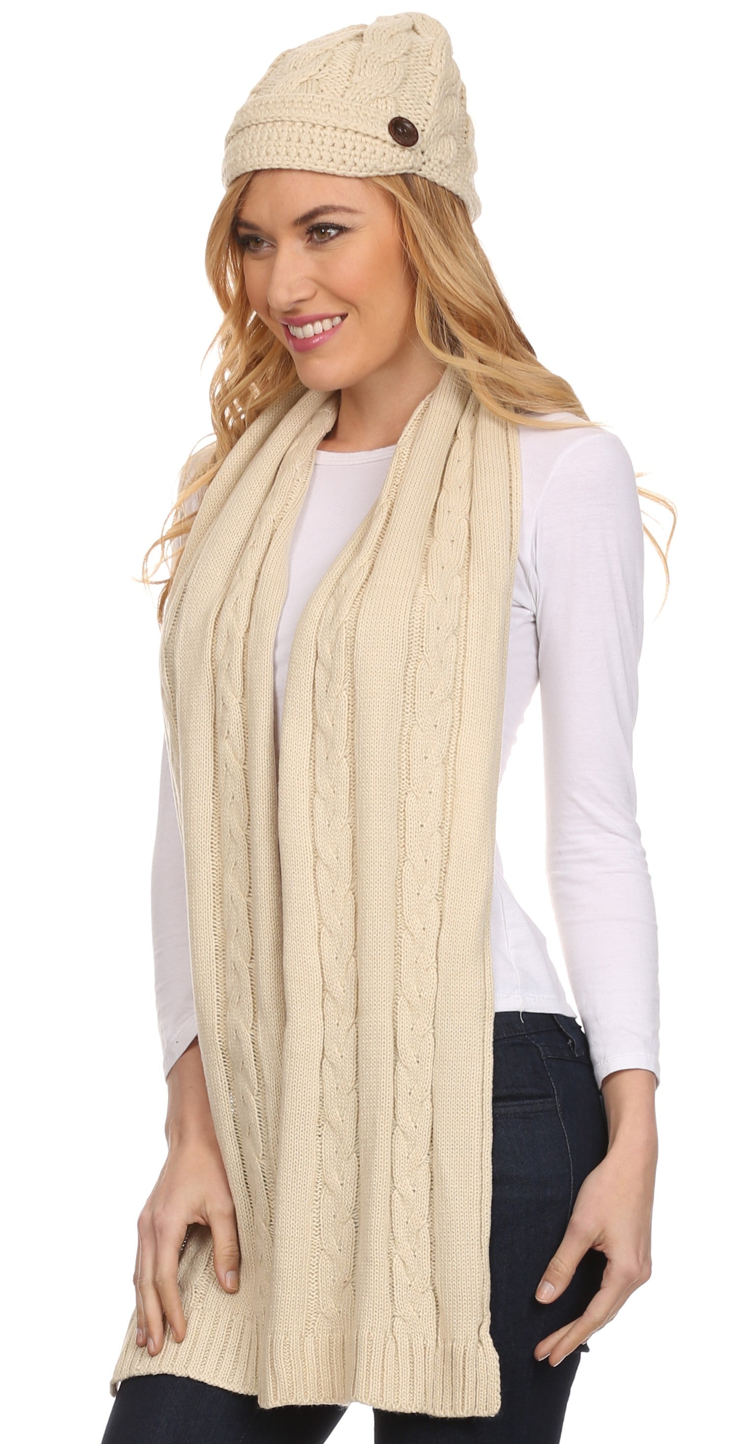 Women's Cable Knit Beanie Scarf Set Button