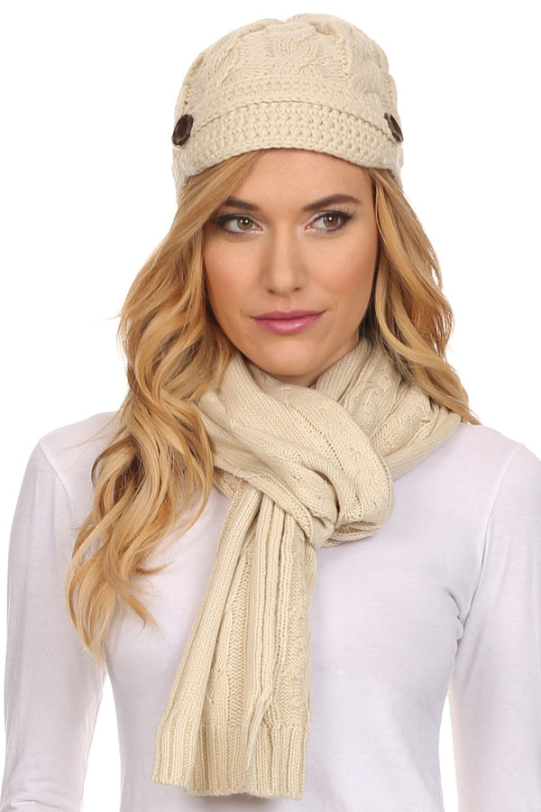 Women's Cable Knit Beanie Scarf Set Button