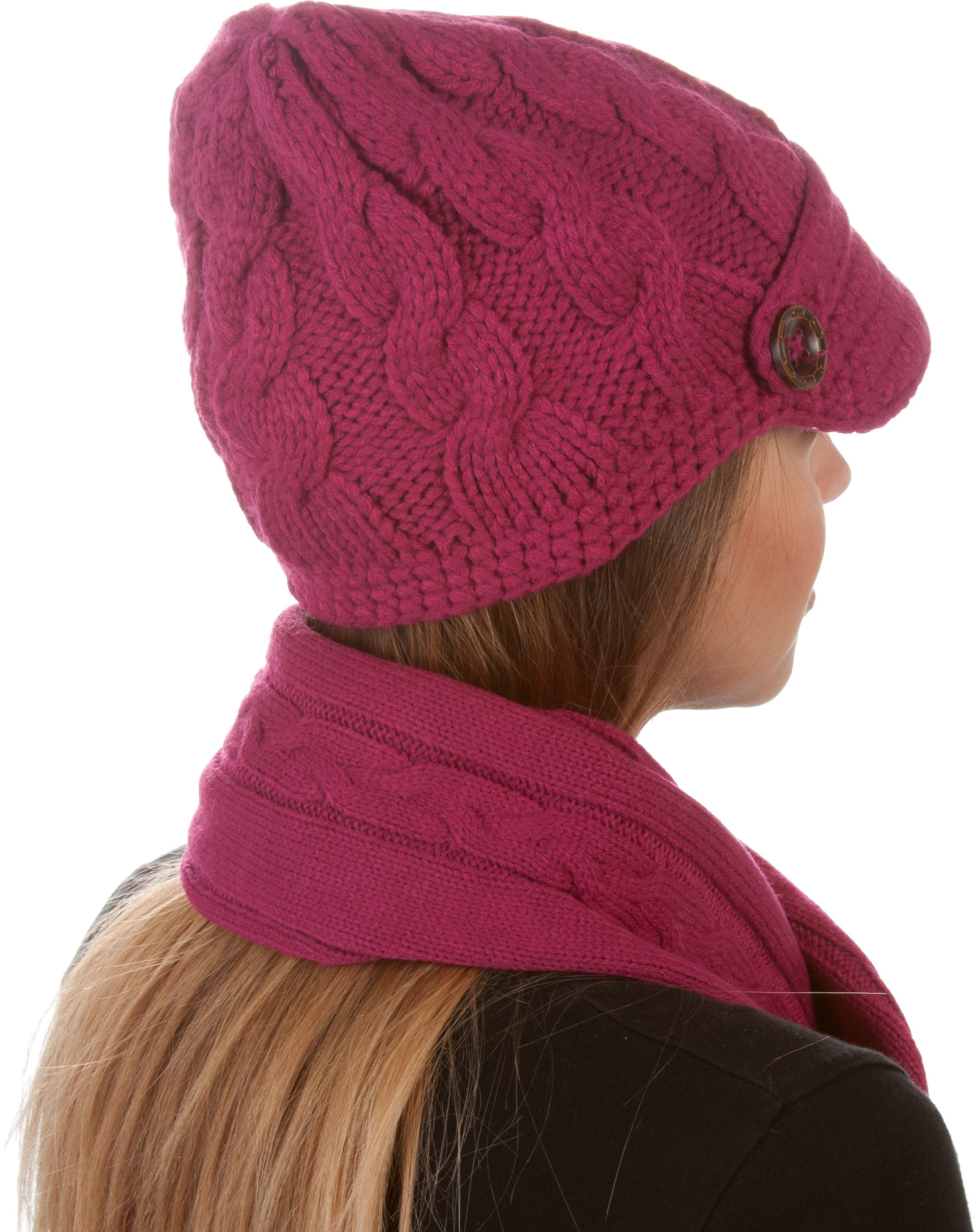 Women's Cable Knit Beanie Scarf Set Button