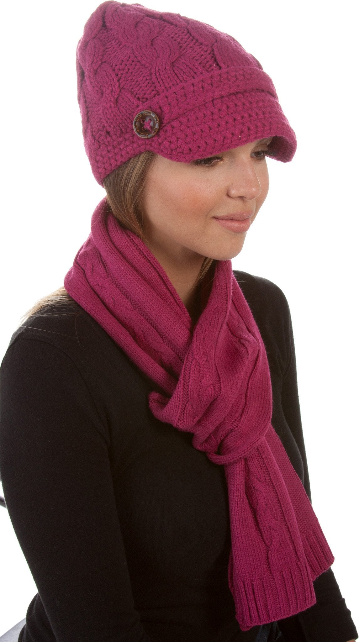 Women's Cable Knit Beanie Scarf Set Button