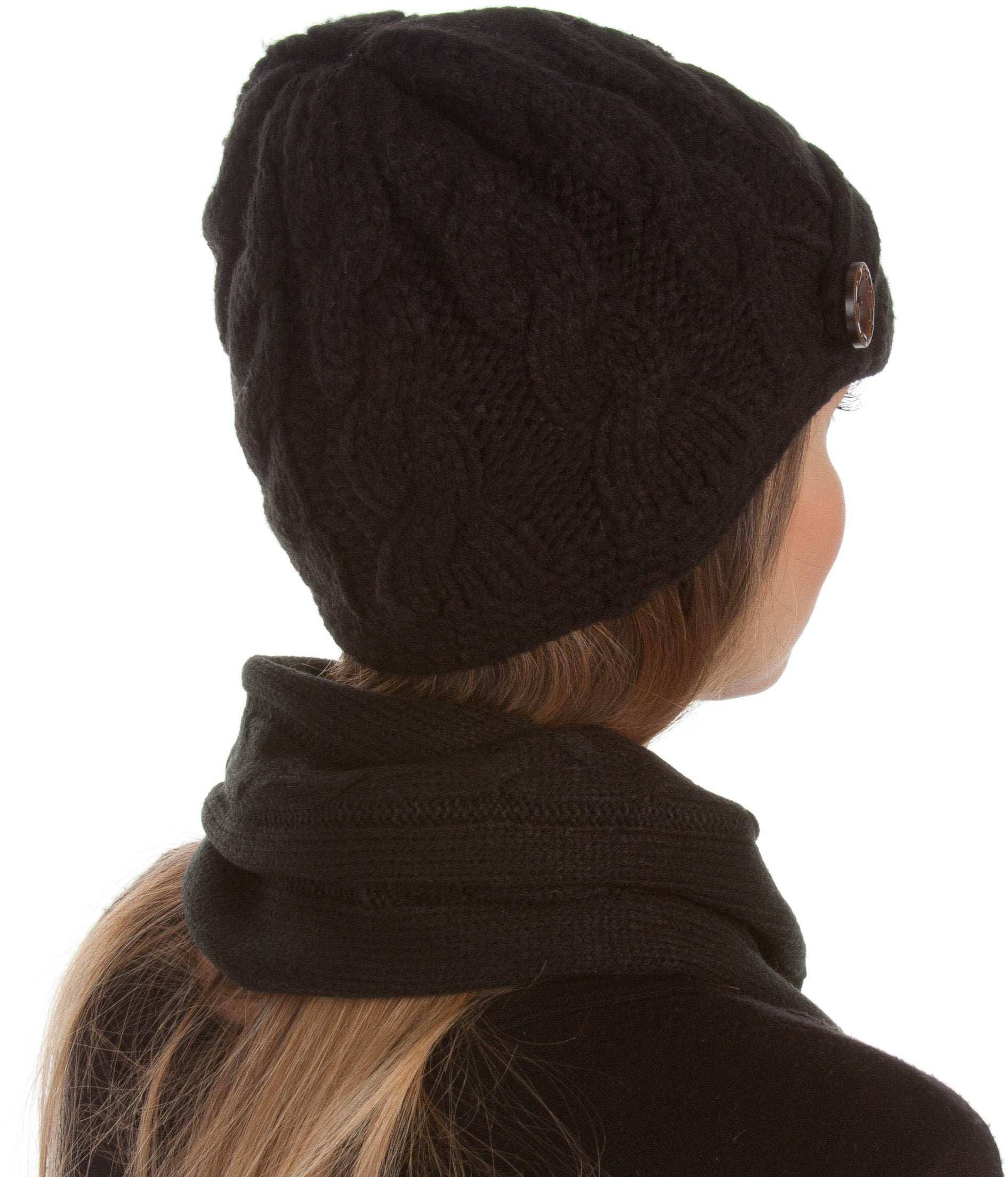 Women's Cable Knit Beanie Scarf Set Button