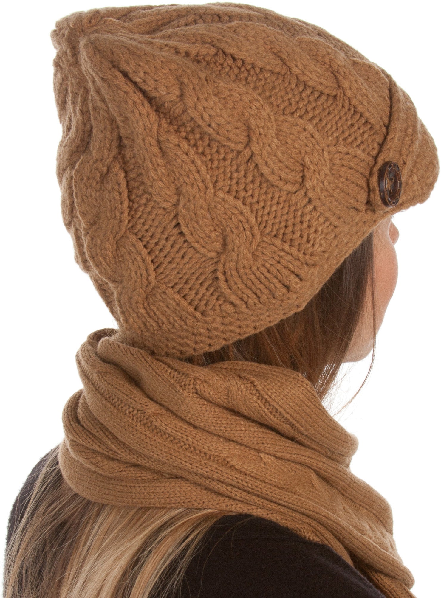 Women's Cable Knit Beanie Scarf Set Button