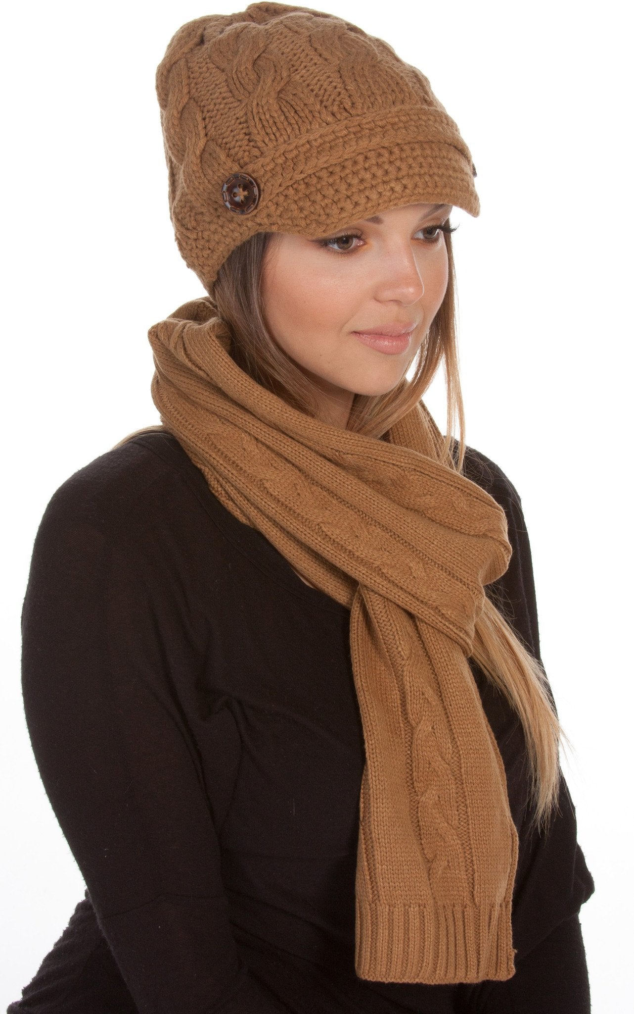 Women's Cable Knit Beanie Scarf Set Button