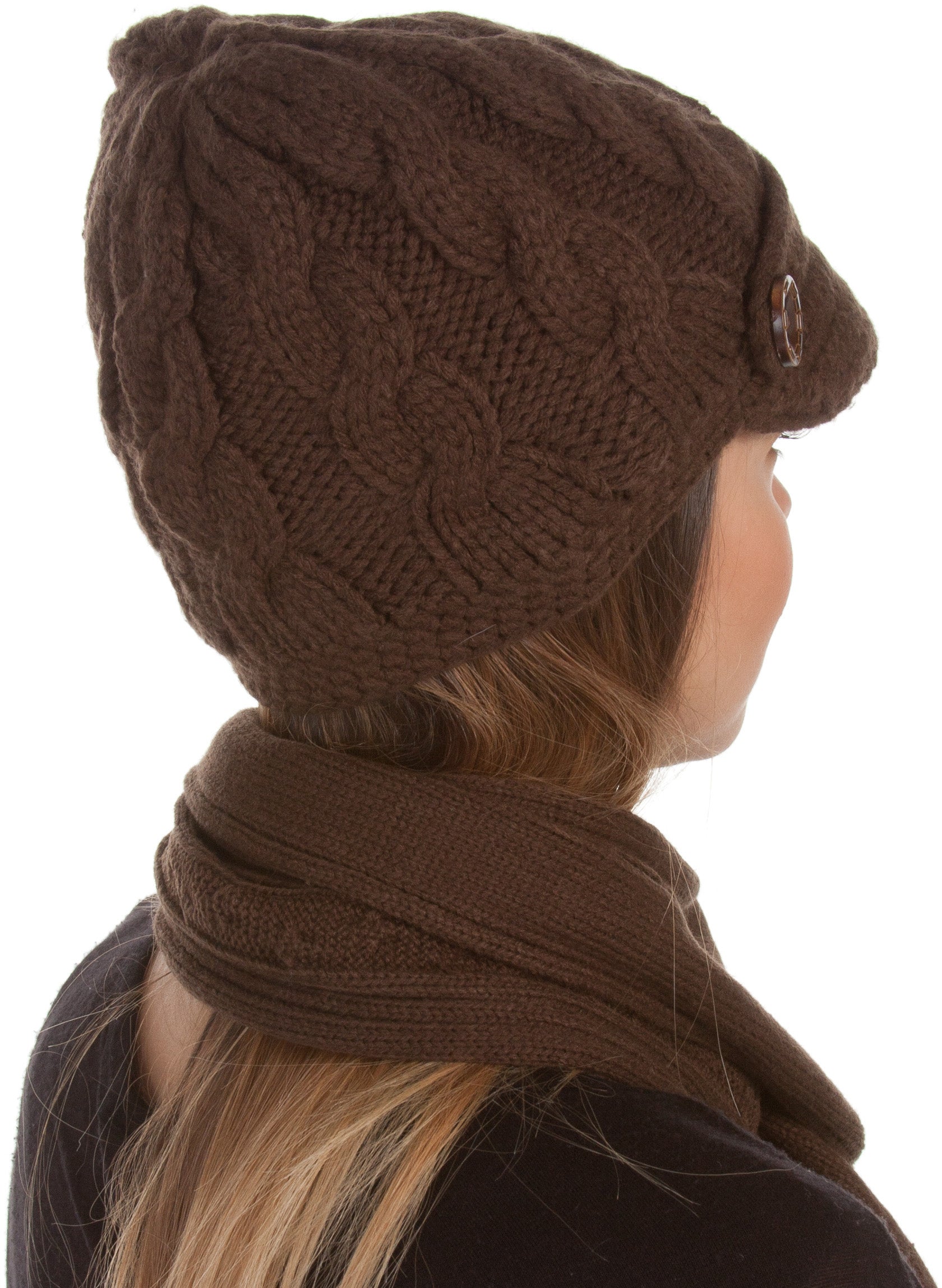 Women's Cable Knit Beanie Scarf Set Button