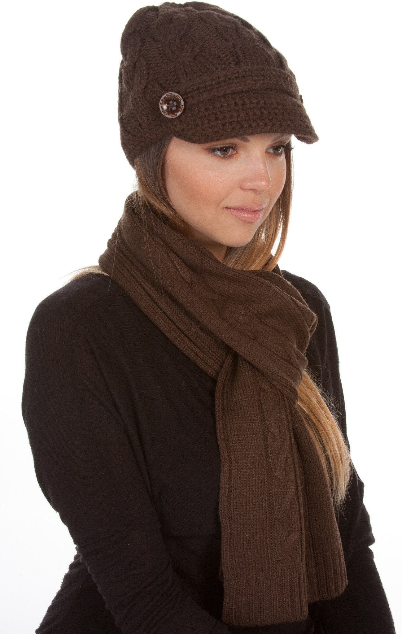 Women's Cable Knit Beanie Scarf Set Button