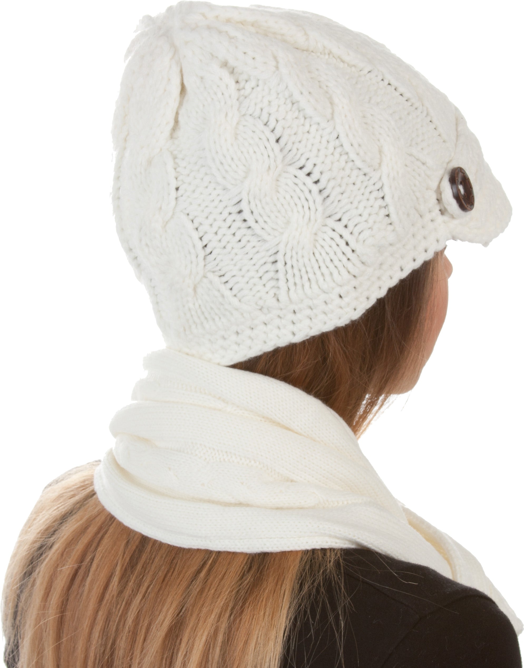 Women's Cable Knit Beanie Scarf Set Button