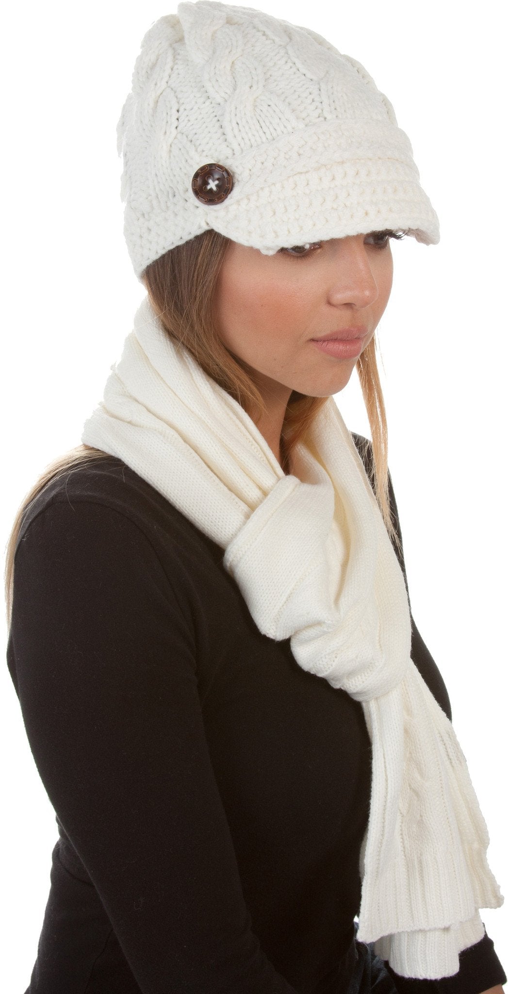 Women's Cable Knit Beanie Scarf Set Button