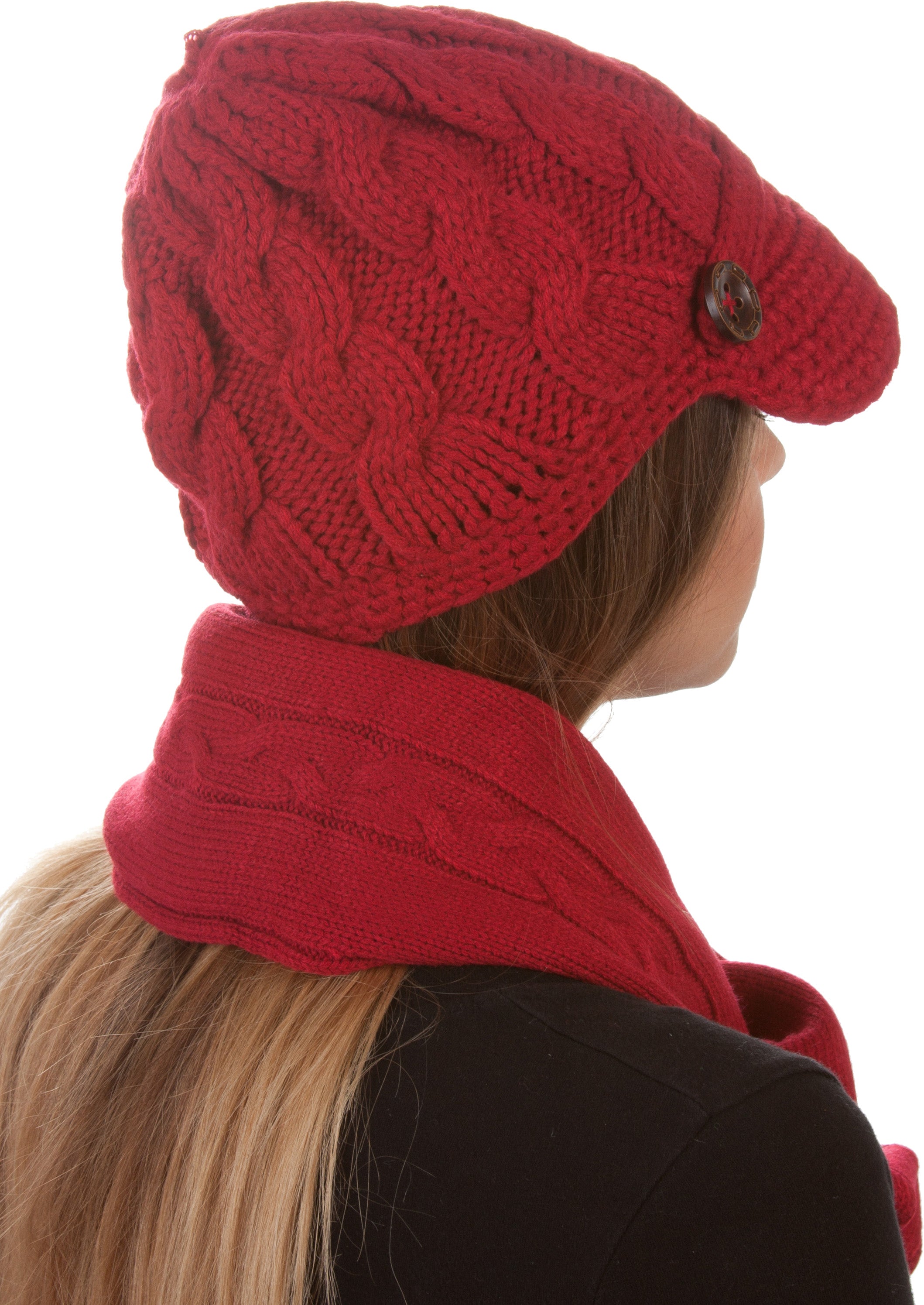 Women's Cable Knit Beanie Scarf Set Button
