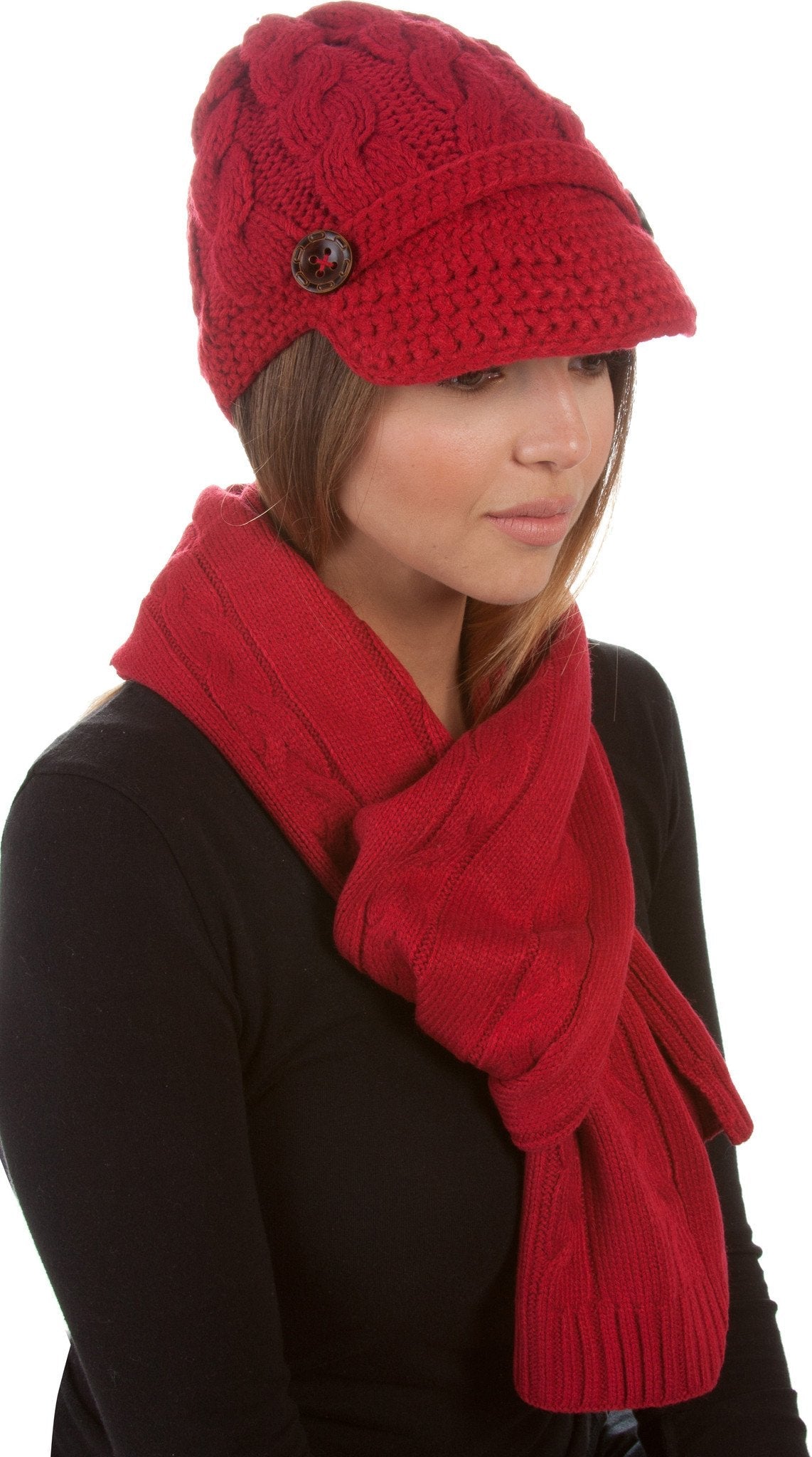 Women's Cable Knit Beanie Scarf Set Button