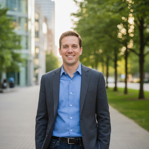 Man in a suit and blue shirt standing outdoors with trees and buildings in the background