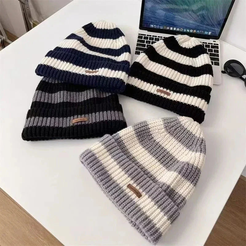 Unisex Striped Knitted Beanie Winter Warm Hip-Hop Hat