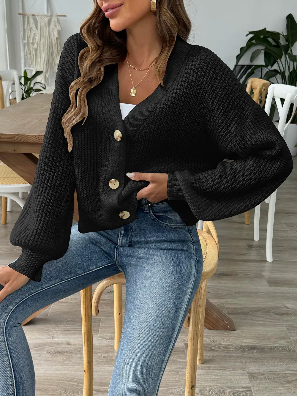 Women's Minimalist Short Button Sweater Cardigan for Autumn Winter
