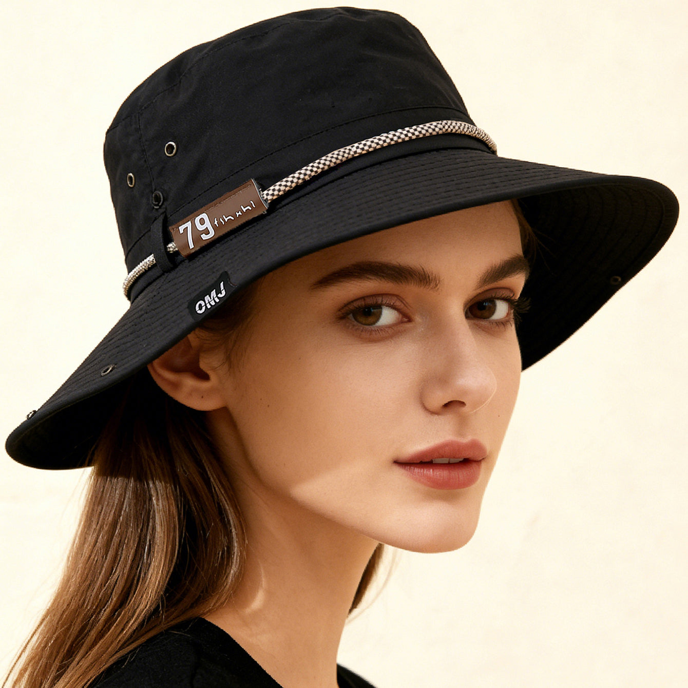 Wide-Brim Leather Patch Fisherman Hat UV Protection Outdoor